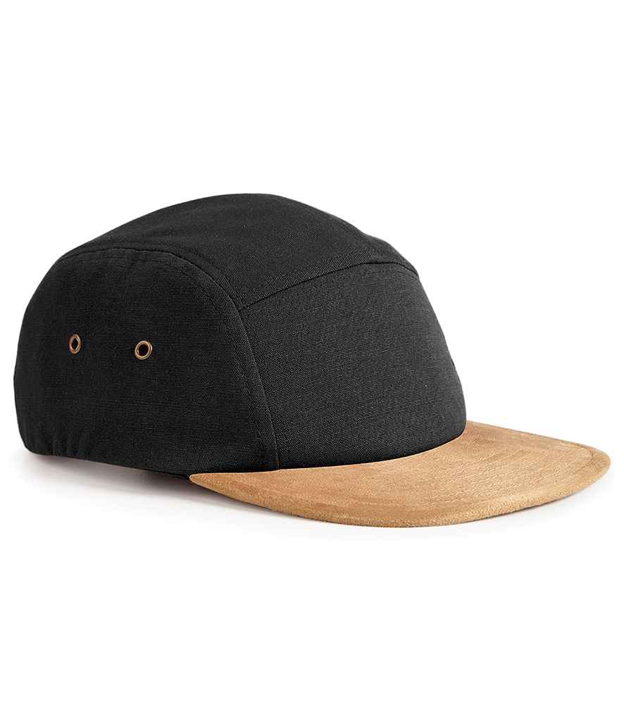 Beechfield Suede Peak 5 Panel Cap in ONE Black by Beechfield — Custom branded clothing by Print Press, featuring premium embroidery produced in our specialist print lab in the UK.