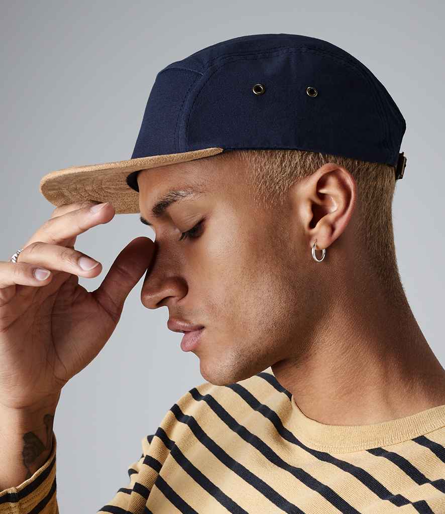 Beechfield Suede Peak 5 Panel Cap in ONE Navy by Beechfield — Custom branded clothing by Print Press, featuring premium embroidery produced in our specialist print lab in the UK.