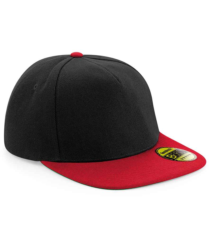 Beechfield Original Flat Peak Snapback Cap in ONE Black Classic Red by Beechfield — Custom branded clothing by Print Press, featuring premium embroidery produced in our specialist print lab in the UK.