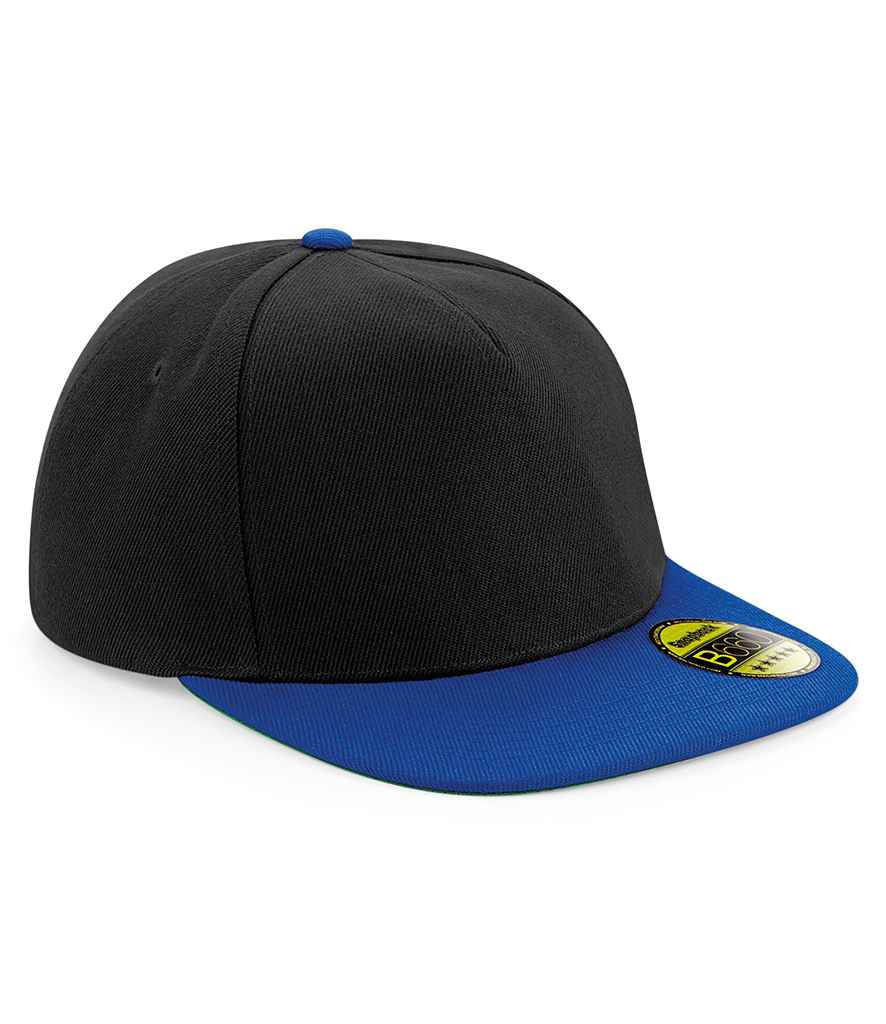 Beechfield Original Flat Peak Snapback Cap in ONE Black Bright Royal by Beechfield — Custom branded clothing by Print Press, featuring premium embroidery produced in our specialist print lab in the UK.