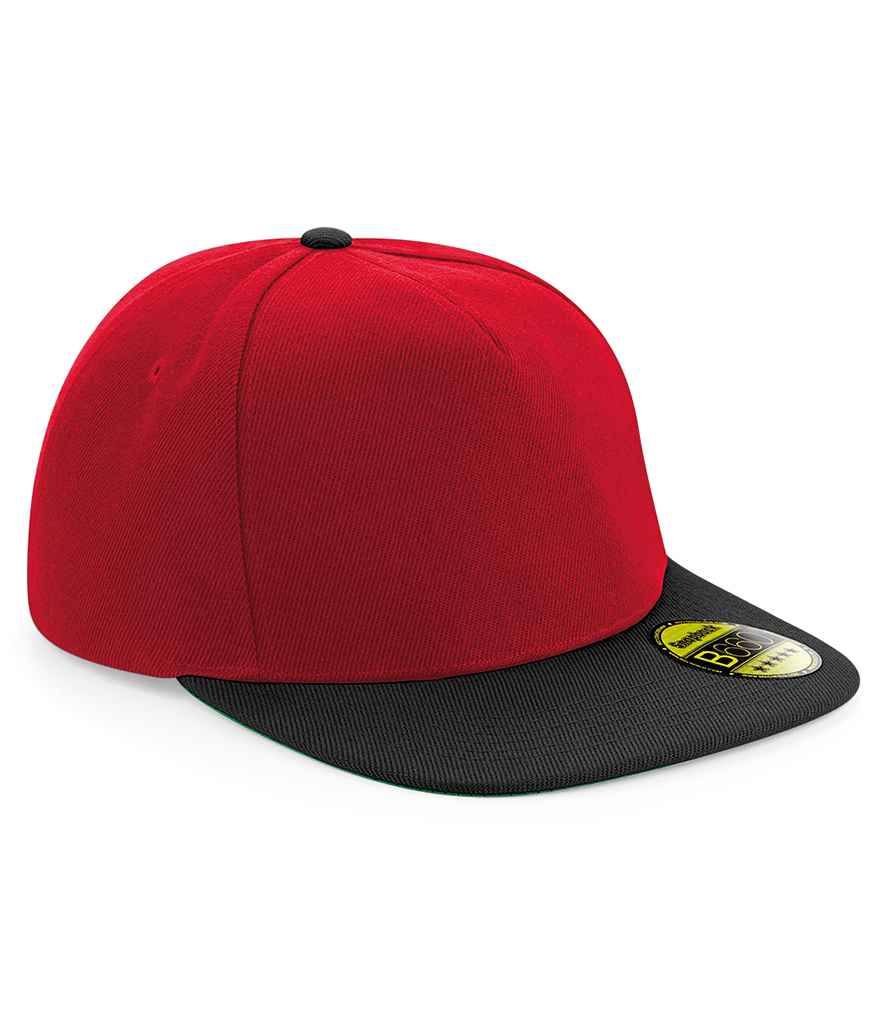 Beechfield Original Flat Peak Snapback Cap in ONE Classic Red Black by Beechfield — Custom branded clothing by Print Press, featuring premium embroidery produced in our specialist print lab in the UK.