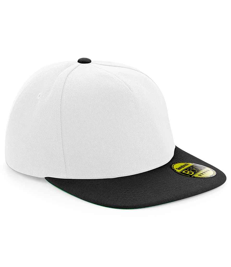 Beechfield Original Flat Peak Snapback Cap in ONE White Black by Beechfield — Custom branded clothing by Print Press, featuring premium embroidery produced in our specialist print lab in the UK.