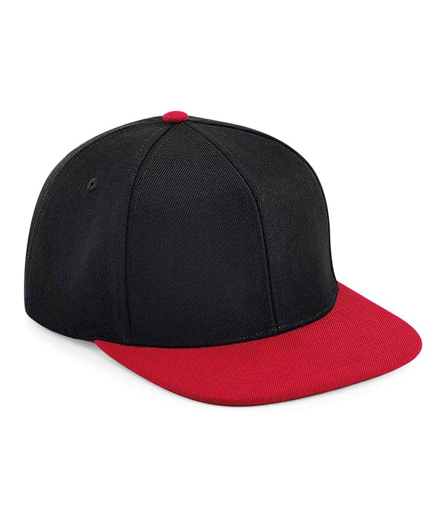 Beechfield Original Flat Peak 6 Panel Snapback Cap in ONE Black Classic Red by Beechfield — Custom branded clothing by Print Press, featuring premium embroidery produced in our specialist print lab in the UK.