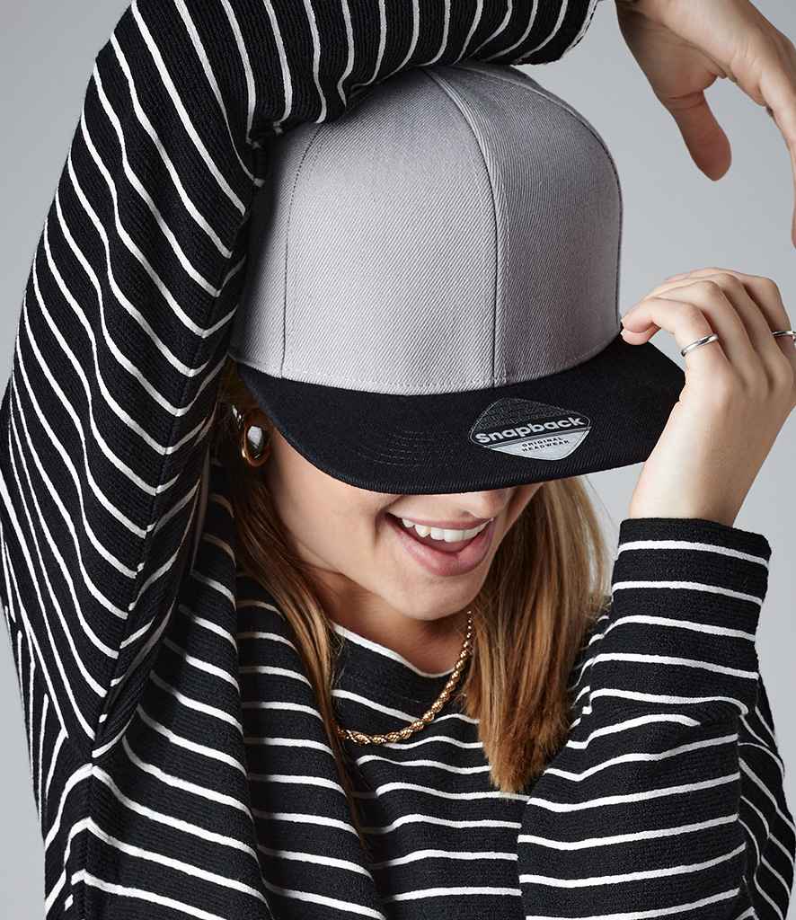 Beechfield Original Flat Peak 6 Panel Snapback Cap in ONE Grey Black by Beechfield — Custom branded clothing by Print Press, featuring premium embroidery produced in our specialist print lab in the UK.