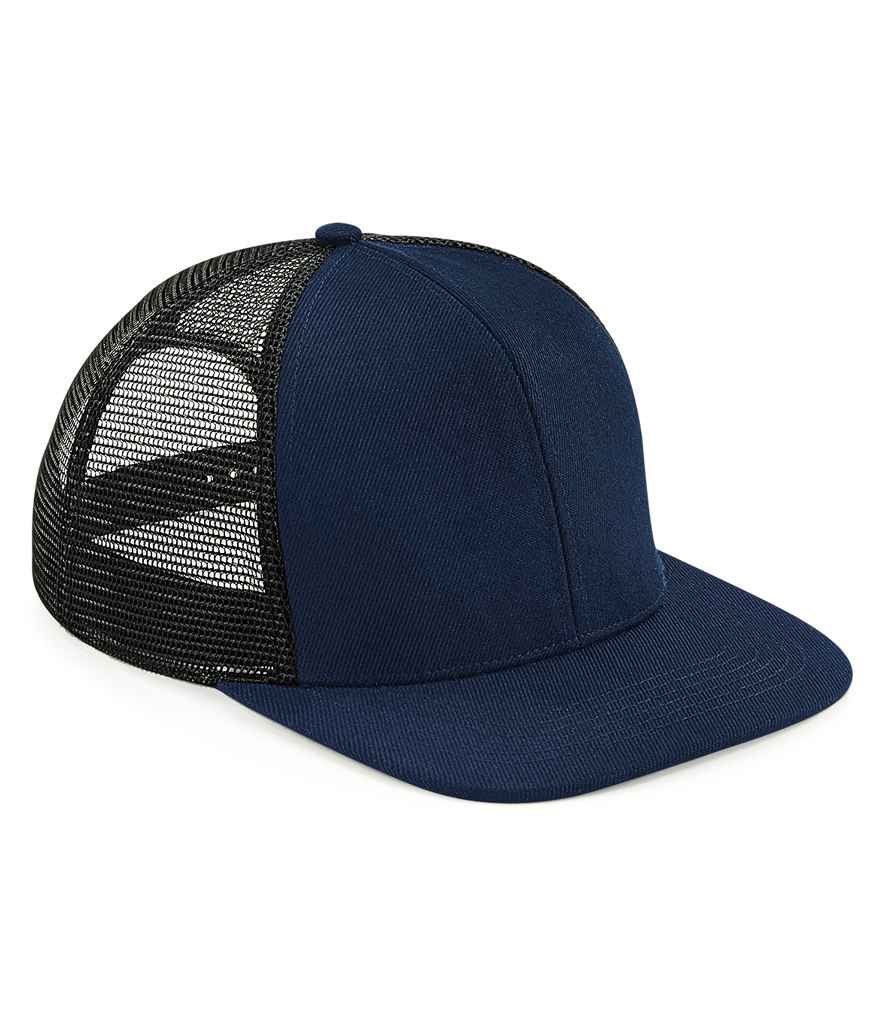 Beechfield Original Flat Peak 6 Panel Trucker Cap in ONE French Navy Black by Beechfield — Custom branded clothing by Print Press, featuring premium embroidery produced in our specialist print lab in the UK.
