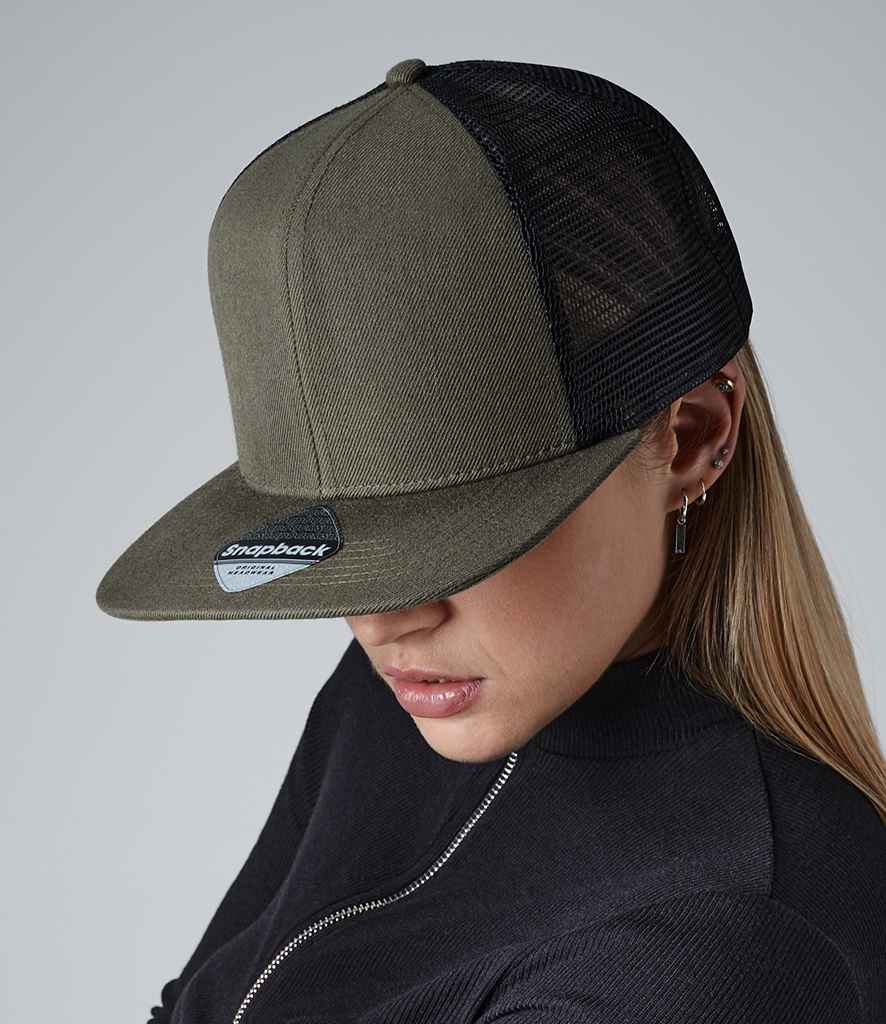 Beechfield Original Flat Peak 6 Panel Trucker Cap in ONE Olive Green Black by Beechfield — Custom branded clothing by Print Press, featuring premium embroidery produced in our specialist print lab in the UK.