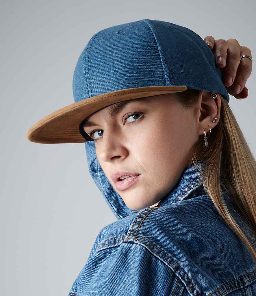 Beechfield Suede Peak Snapback Cap in ONE Denim Blue by Beechfield — Custom branded clothing by Print Press, featuring premium embroidery produced in our specialist print lab in the UK.