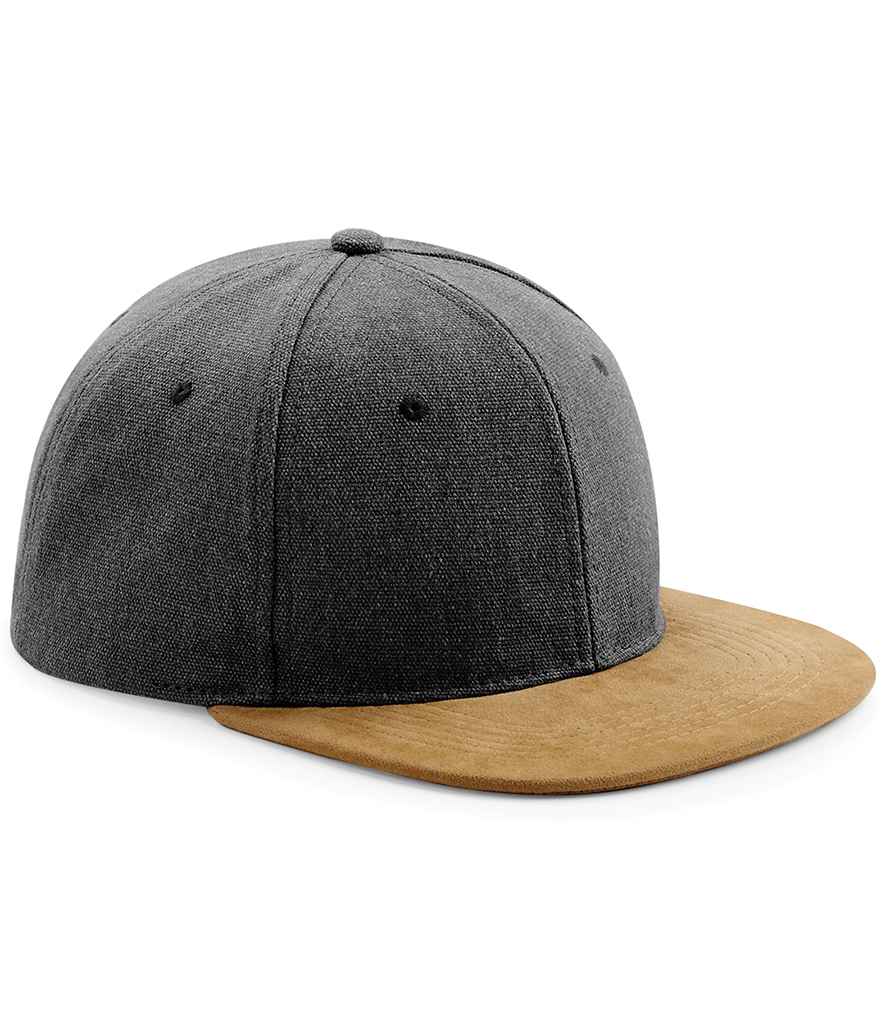 Beechfield Suede Peak Snapback Cap in ONE Vintage Black by Beechfield — Custom branded clothing by Print Press, featuring premium embroidery produced in our specialist print lab in the UK.