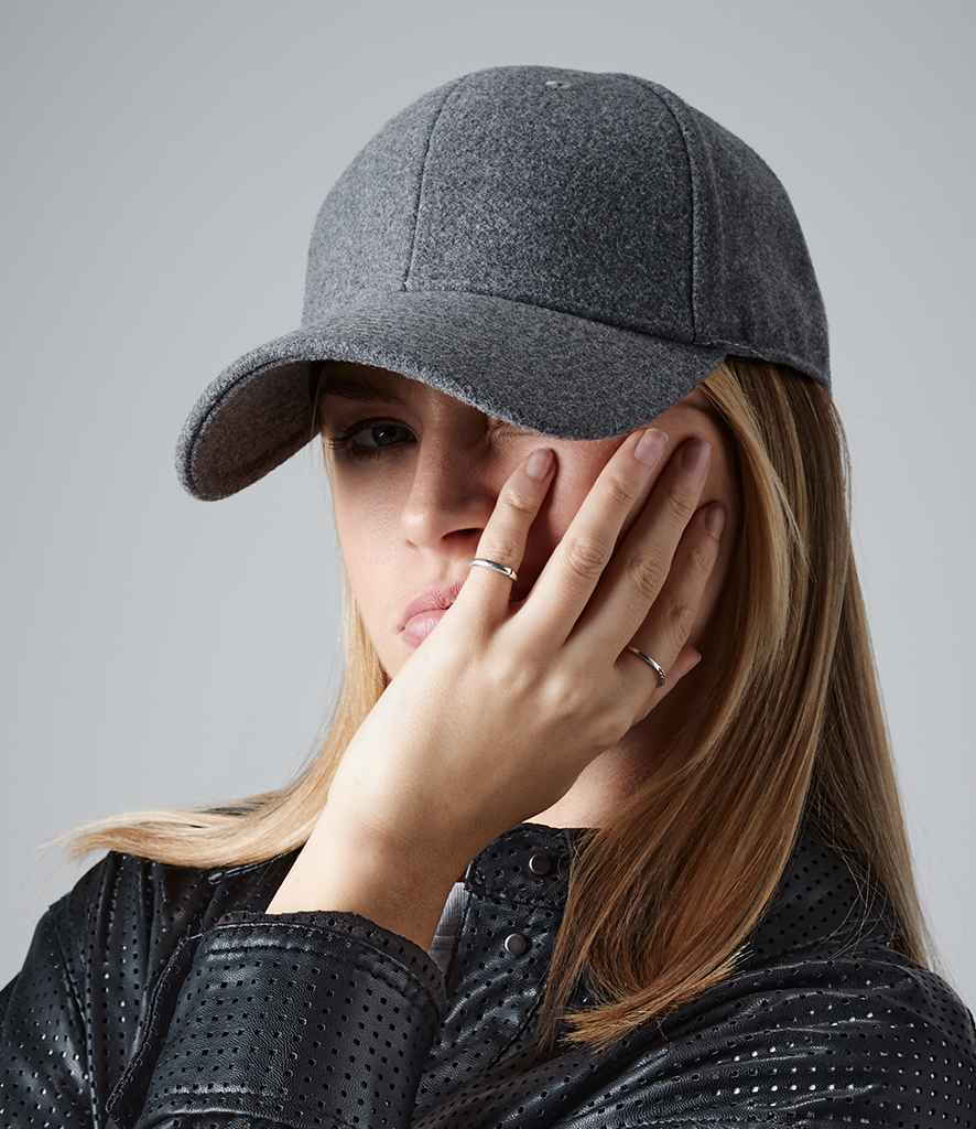 Beechfield Melton Wool 6 Panel Cap in ONE Grey by Beechfield — Custom branded clothing by Print Press, featuring premium embroidery produced in our specialist print lab in the UK.