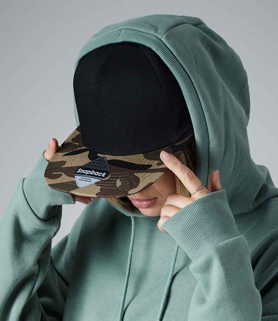 Beechfield Camo Snapback Cap in ONE Black Jungle Camo by Beechfield — Custom branded clothing by Print Press, featuring premium embroidery produced in our specialist print lab in the UK.