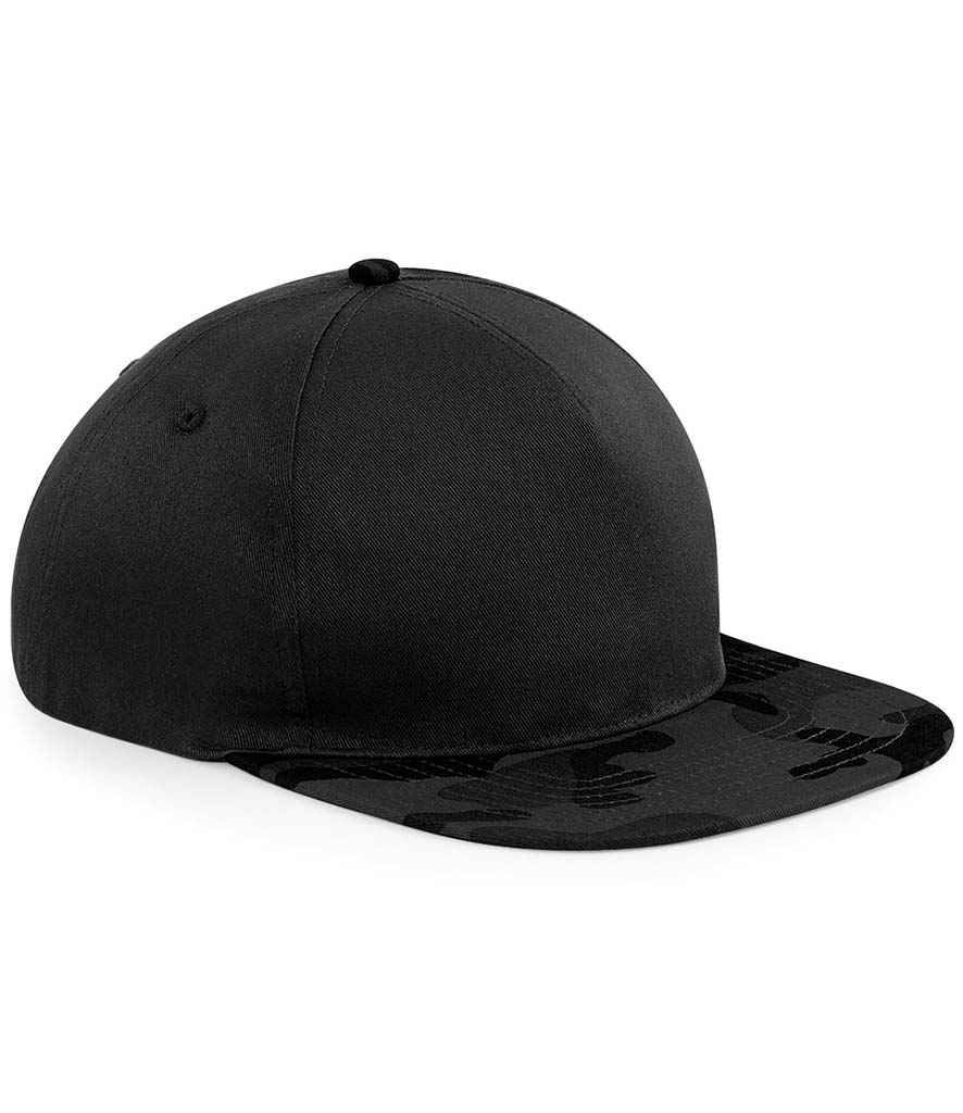 Beechfield Camo Snapback Cap in ONE Black Midnight Camo by Beechfield — Custom branded clothing by Print Press, featuring premium embroidery produced in our specialist print lab in the UK.