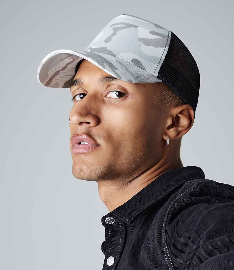 Beechfield Camo Snapback Trucker Cap in ONE Arctic Camo by Beechfield — Custom branded clothing by Print Press, featuring premium embroidery produced in our specialist print lab in the UK.