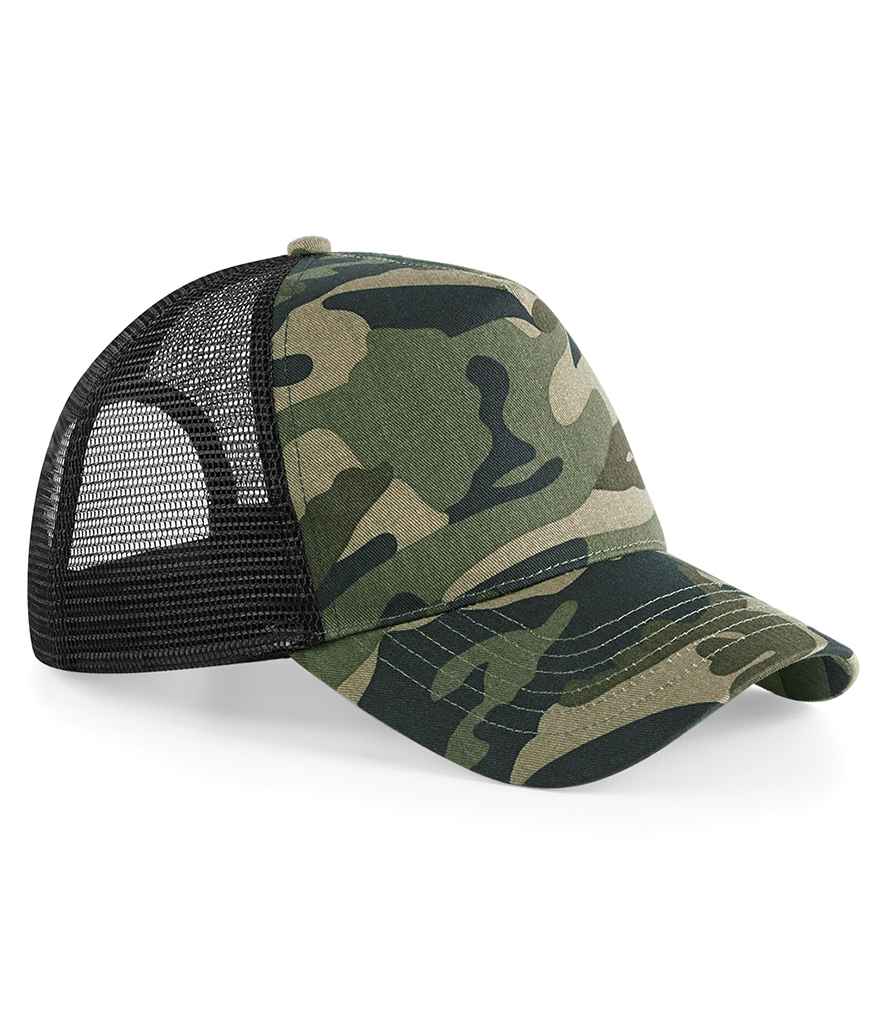 Beechfield Camo Snapback Trucker Cap in ONE Jungle Camo by Beechfield — Custom branded clothing by Print Press, featuring premium embroidery produced in our specialist print lab in the UK.
