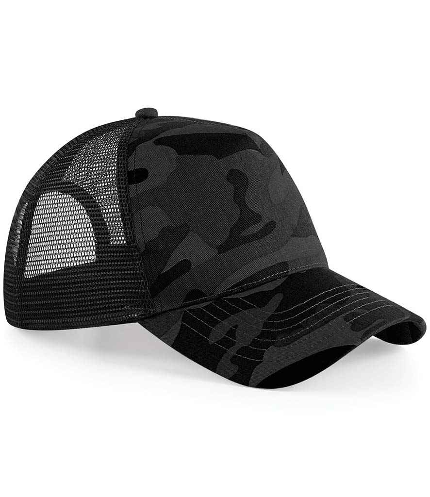 Beechfield Camo Snapback Trucker Cap in ONE Midnight Camo by Beechfield — Custom branded clothing by Print Press, featuring premium embroidery produced in our specialist print lab in the UK.