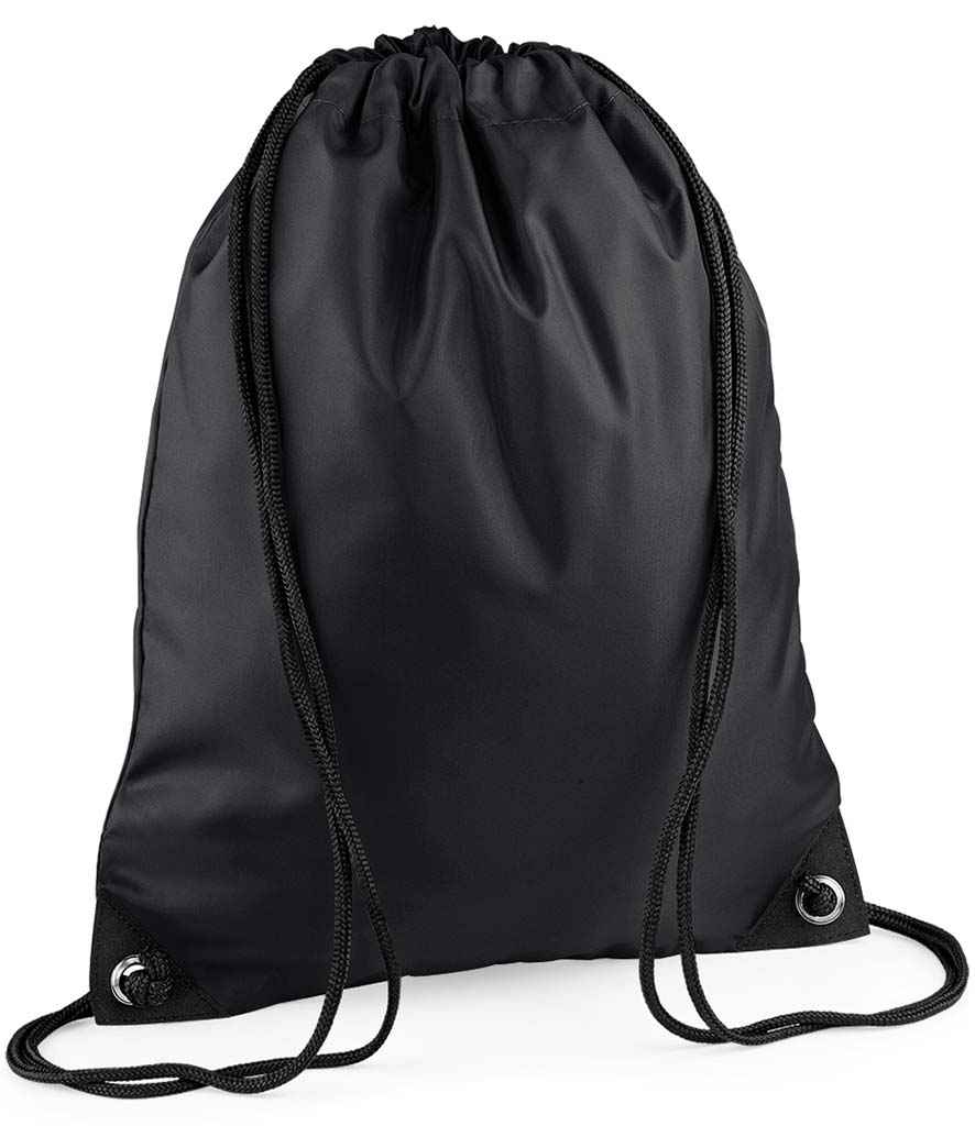 BagBase Premium Gymsac in ONE Black by Bagbase — Custom branded clothing by Print Press, featuring premium embroidery produced in our specialist print lab in the UK.
