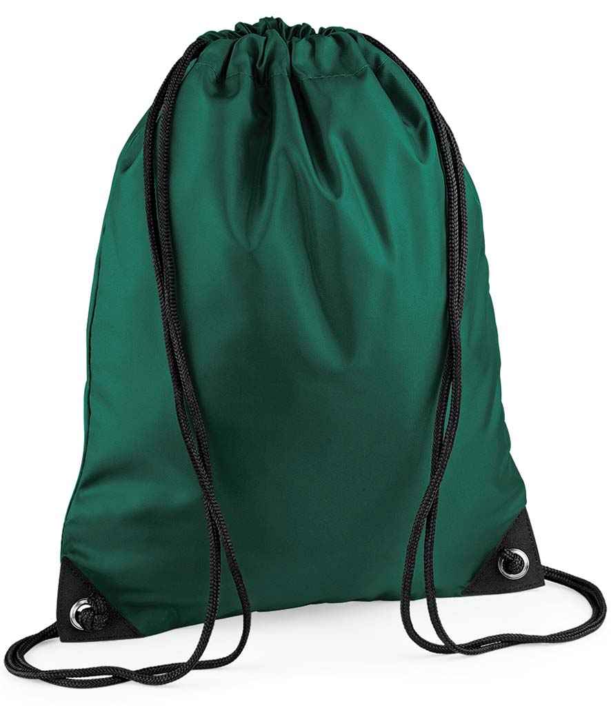 BagBase Premium Gymsac in ONE Bottle Green by Bagbase — Custom branded clothing by Print Press, featuring premium embroidery produced in our specialist print lab in the UK.