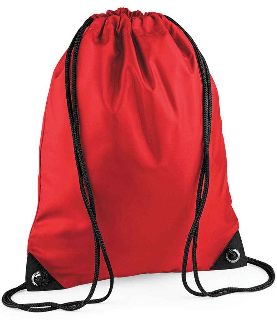 BagBase Premium Gymsac in ONE Bright Red by Bagbase — Custom branded clothing by Print Press, featuring premium embroidery produced in our specialist print lab in the UK.