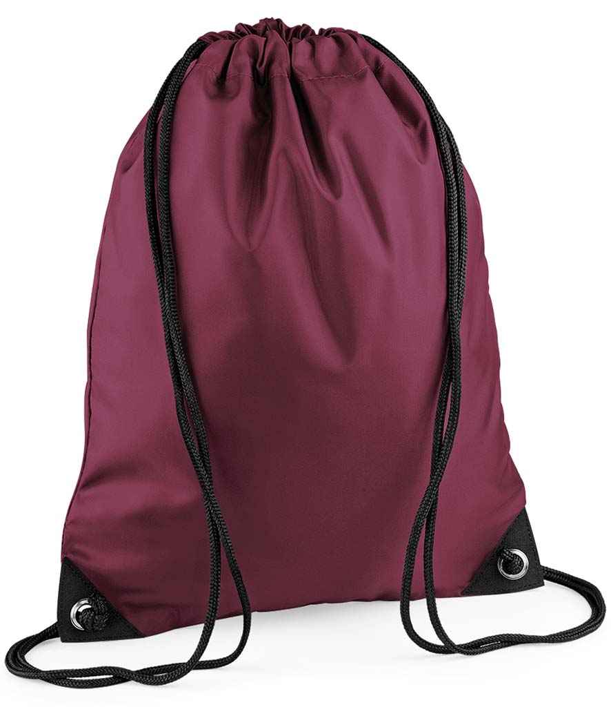 BagBase Premium Gymsac in ONE Burgundy by Bagbase — Custom branded clothing by Print Press, featuring premium embroidery produced in our specialist print lab in the UK.