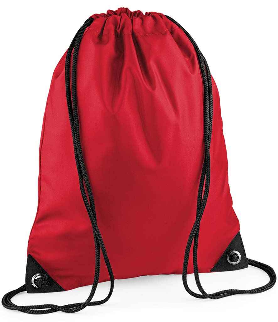 BagBase Premium Gymsac in ONE Classic Red by Bagbase — Custom branded clothing by Print Press, featuring premium embroidery produced in our specialist print lab in the UK.