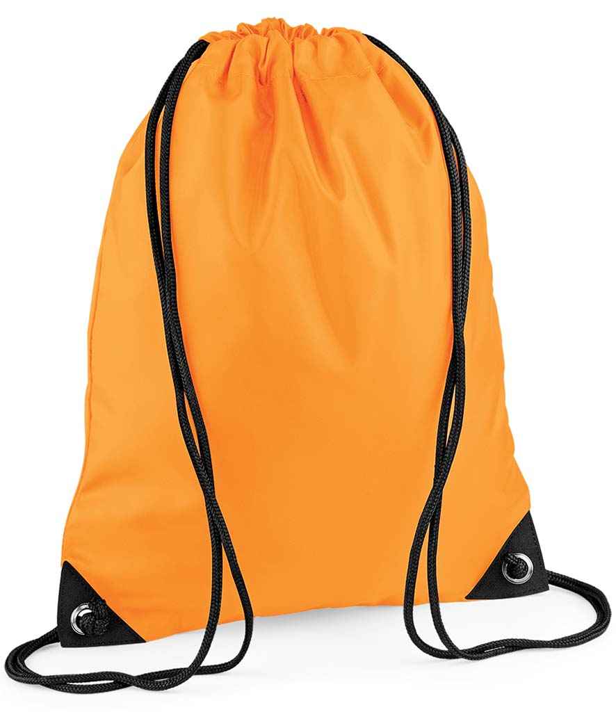 BagBase Premium Gymsac in ONE Fluorescent Orange by Bagbase — Custom branded clothing by Print Press, featuring premium embroidery produced in our specialist print lab in the UK.