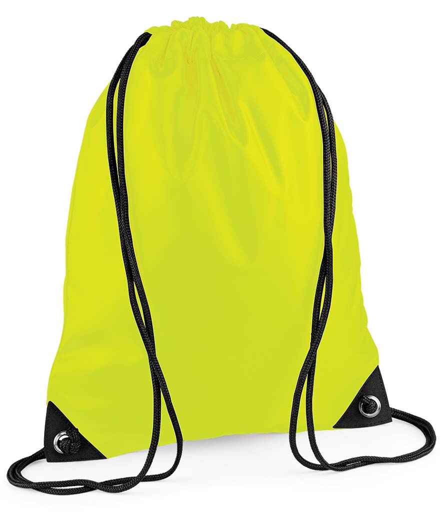 BagBase Premium Gymsac in ONE Fluorescent Yellow by Bagbase — Custom branded clothing by Print Press, featuring premium embroidery produced in our specialist print lab in the UK.