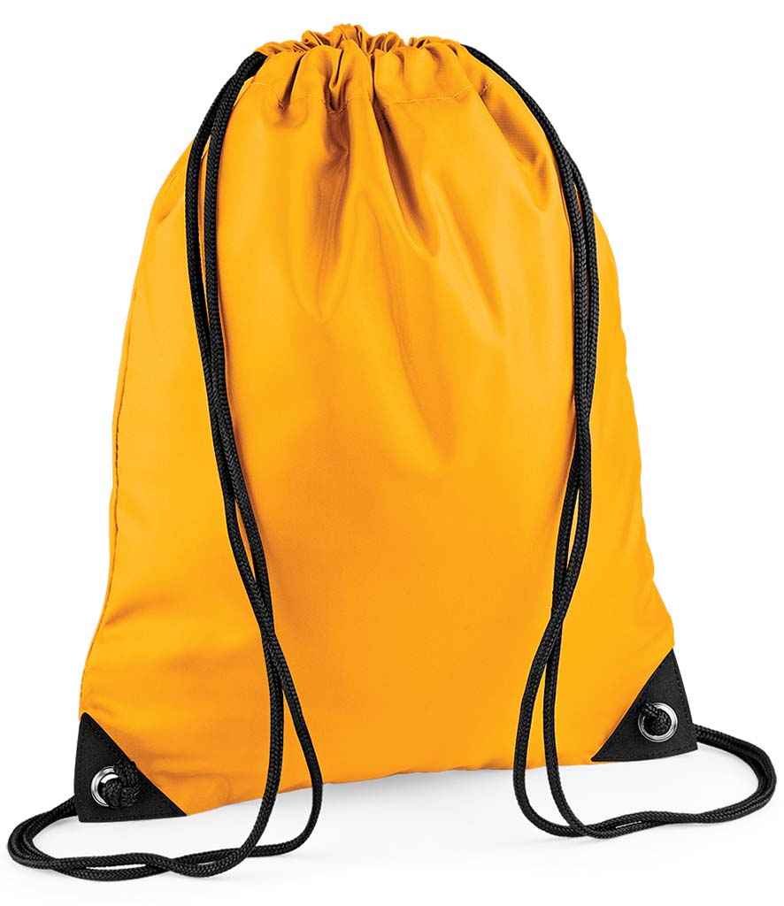 BagBase Premium Gymsac in ONE Gold by Bagbase — Custom branded clothing by Print Press, featuring premium embroidery produced in our specialist print lab in the UK.
