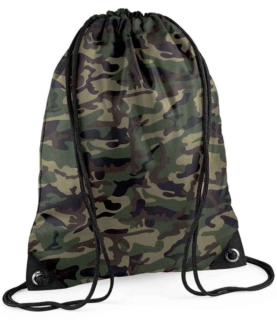 BagBase Premium Gymsac in ONE Jungle Camo by Bagbase — Custom branded clothing by Print Press, featuring premium embroidery produced in our specialist print lab in the UK.