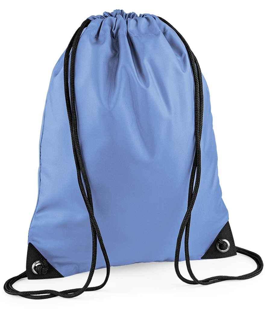 BagBase Premium Gymsac in ONE Laser Blue by Bagbase — Custom branded clothing by Print Press, featuring premium embroidery produced in our specialist print lab in the UK.