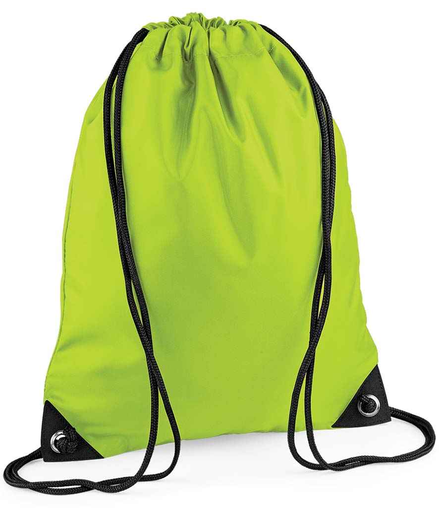 BagBase Premium Gymsac in ONE Lime Green by Bagbase — Custom branded clothing by Print Press, featuring premium embroidery produced in our specialist print lab in the UK.