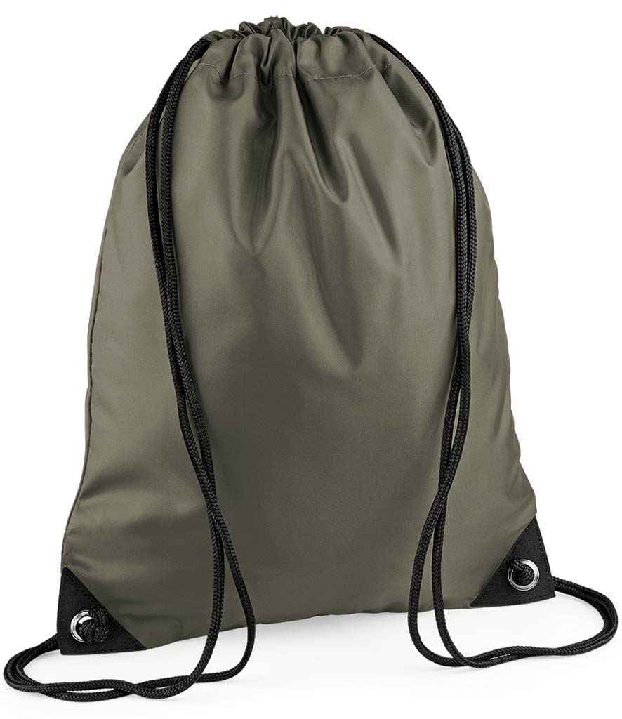BagBase Premium Gymsac in ONE Olive Green by Bagbase — Custom branded clothing by Print Press, featuring premium embroidery produced in our specialist print lab in the UK.