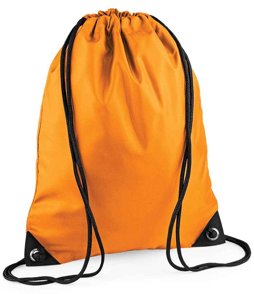BagBase Premium Gymsac in ONE Orange by Bagbase — Custom branded clothing by Print Press, featuring premium embroidery produced in our specialist print lab in the UK.