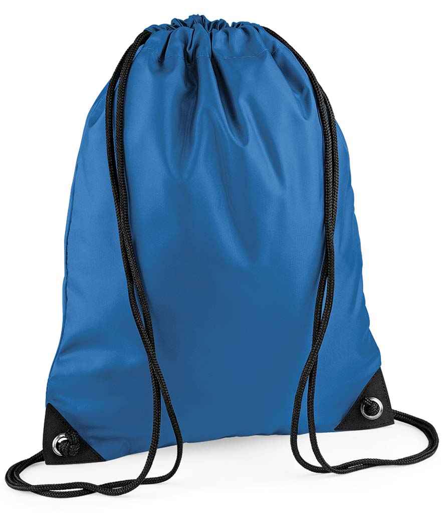 BagBase Premium Gymsac in ONE Sapphire Blue by Bagbase — Custom branded clothing by Print Press, featuring premium embroidery produced in our specialist print lab in the UK.