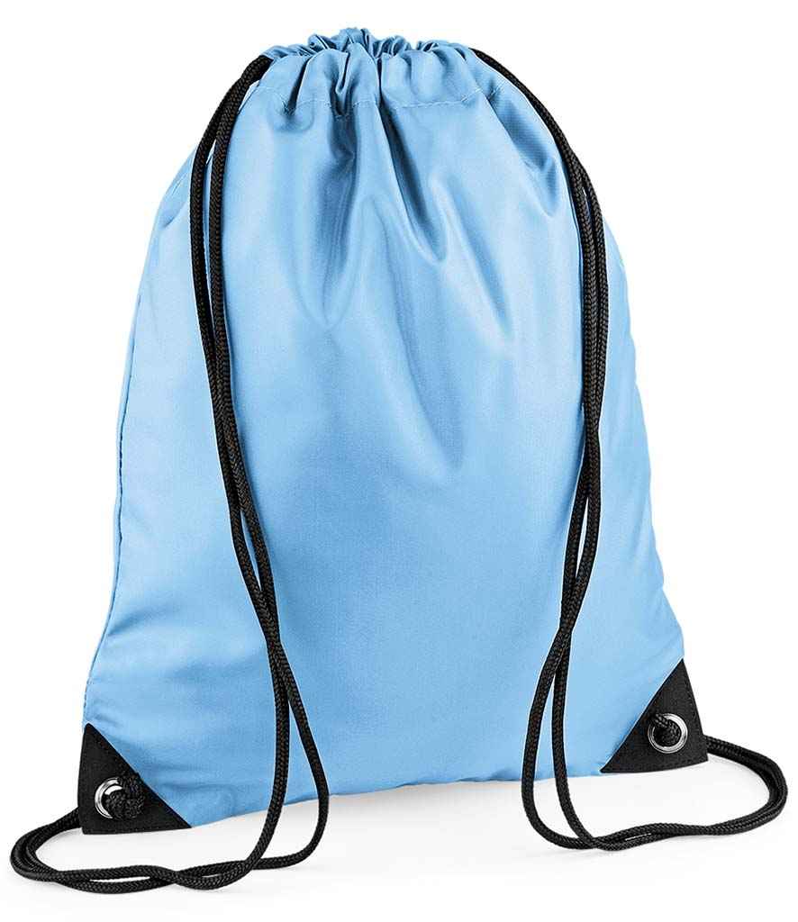 BagBase Premium Gymsac in ONE Sky Blue by Bagbase — Custom branded clothing by Print Press, featuring premium embroidery produced in our specialist print lab in the UK.