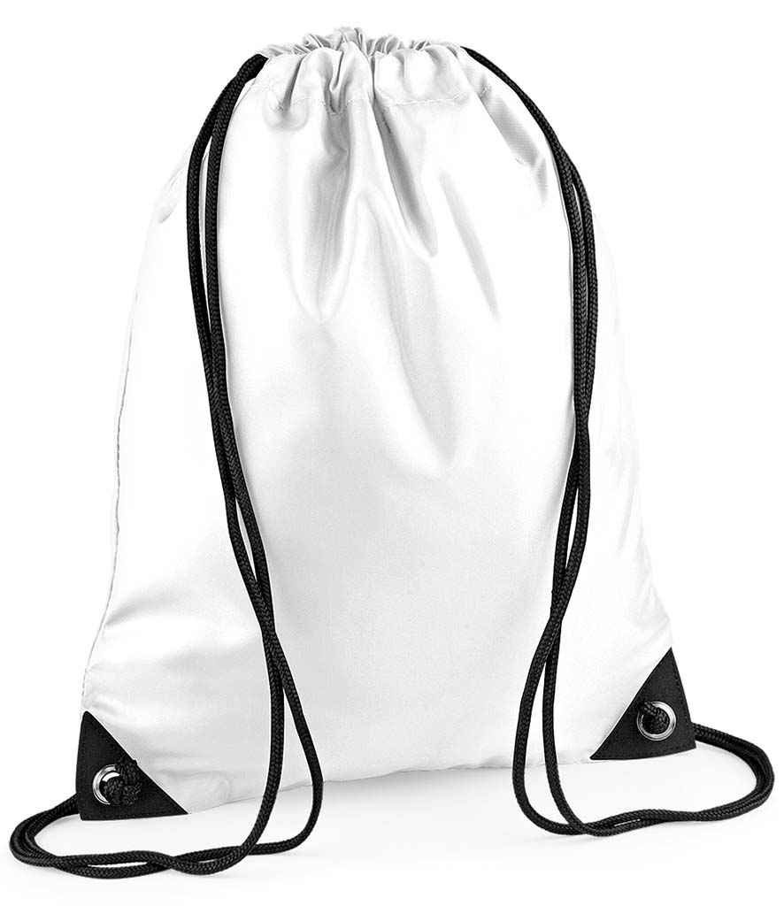 BagBase Premium Gymsac in ONE White by Bagbase — Custom branded clothing by Print Press, featuring premium embroidery produced in our specialist print lab in the UK.