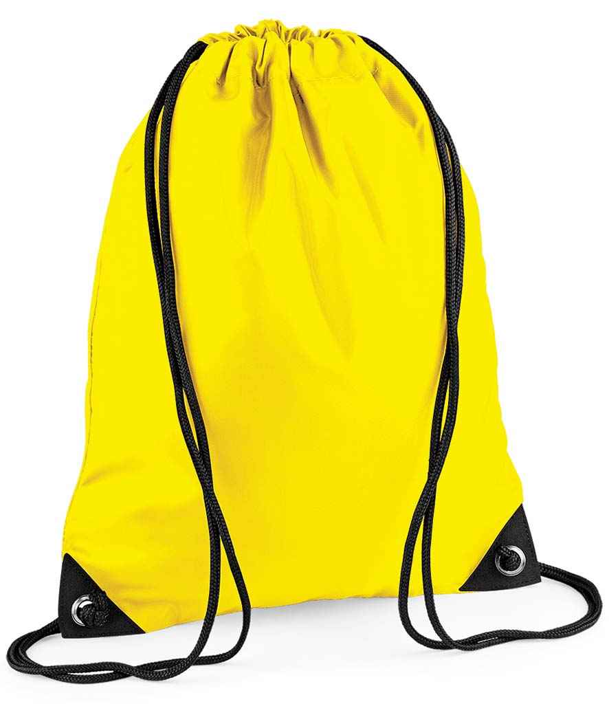 BagBase Premium Gymsac in ONE Yellow by Bagbase — Custom branded clothing by Print Press, featuring premium embroidery produced in our specialist print lab in the UK.