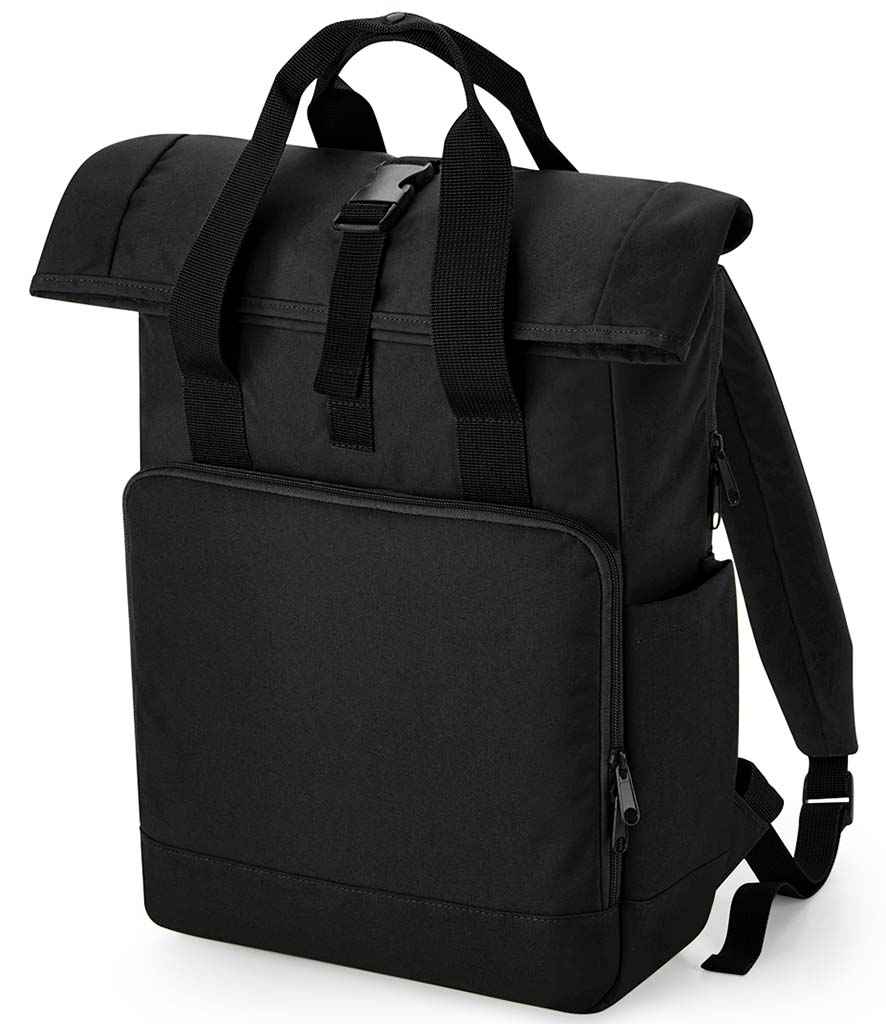BagBase Recycled Twin Handle Roll-Top Laptop Backpack in ONE Black by Bagbase — Custom branded clothing by Print Press, featuring premium embroidery produced in our specialist print lab in the UK.