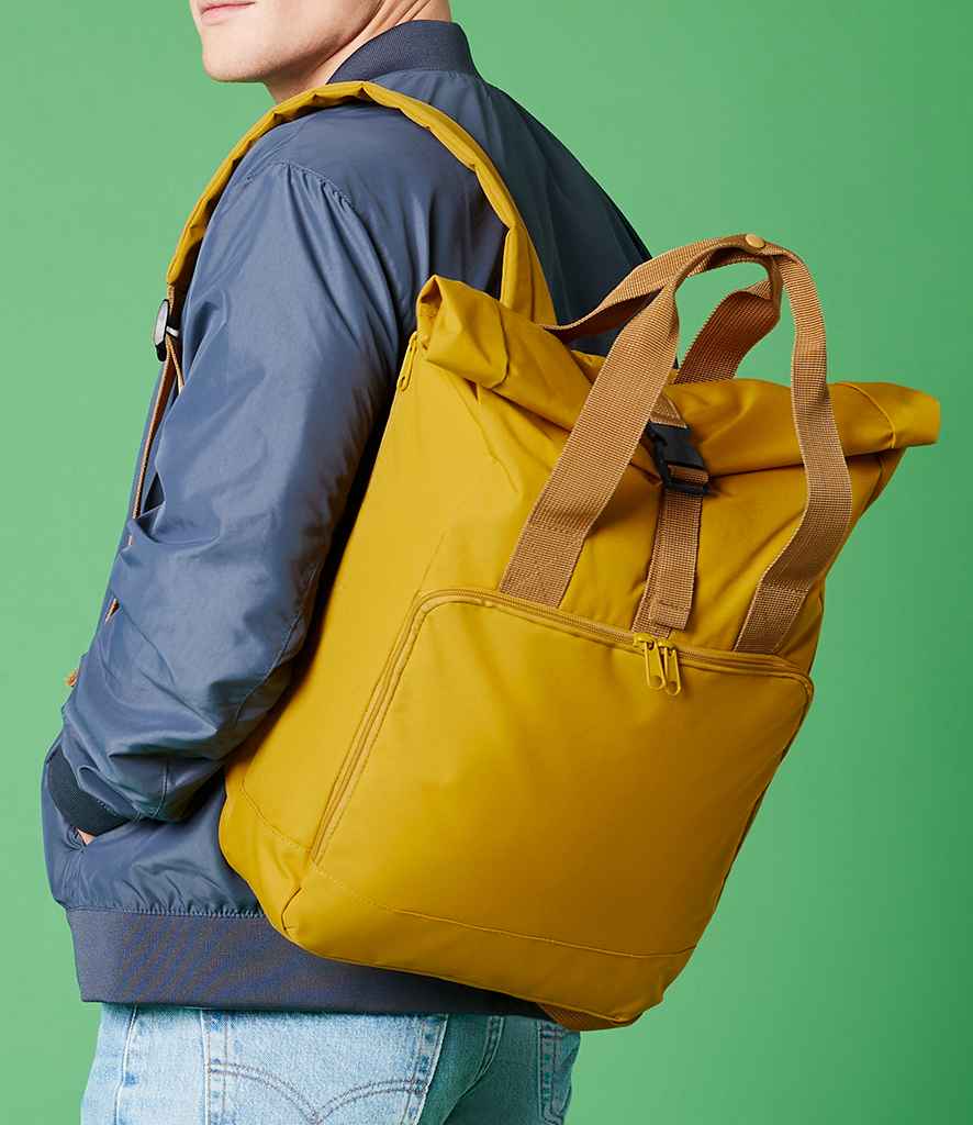 BagBase Recycled Twin Handle Roll-Top Laptop Backpack in ONE Mustard by Bagbase — Custom branded clothing by Print Press, featuring premium embroidery produced in our specialist print lab in the UK.