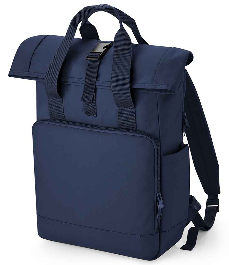 BagBase Recycled Twin Handle Roll-Top Laptop Backpack in ONE Navy Dusk by Bagbase — Custom branded clothing by Print Press, featuring premium embroidery produced in our specialist print lab in the UK.