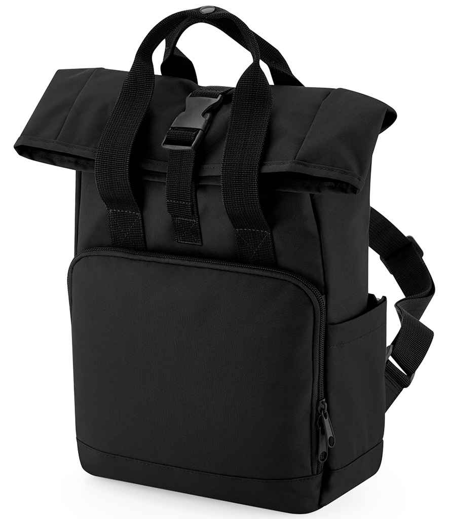 BagBase Recycled Mini Twin Handle Roll-Top Backpack in ONE Black by Bagbase — Custom branded clothing by Print Press, featuring premium embroidery produced in our specialist print lab in the UK.