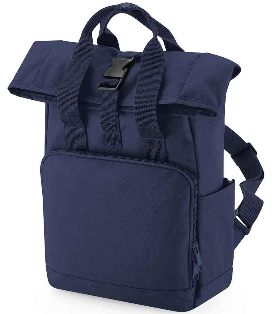 BagBase Recycled Mini Twin Handle Roll-Top Backpack in ONE Navy Dusk by Bagbase — Custom branded clothing by Print Press, featuring premium embroidery produced in our specialist print lab in the UK.