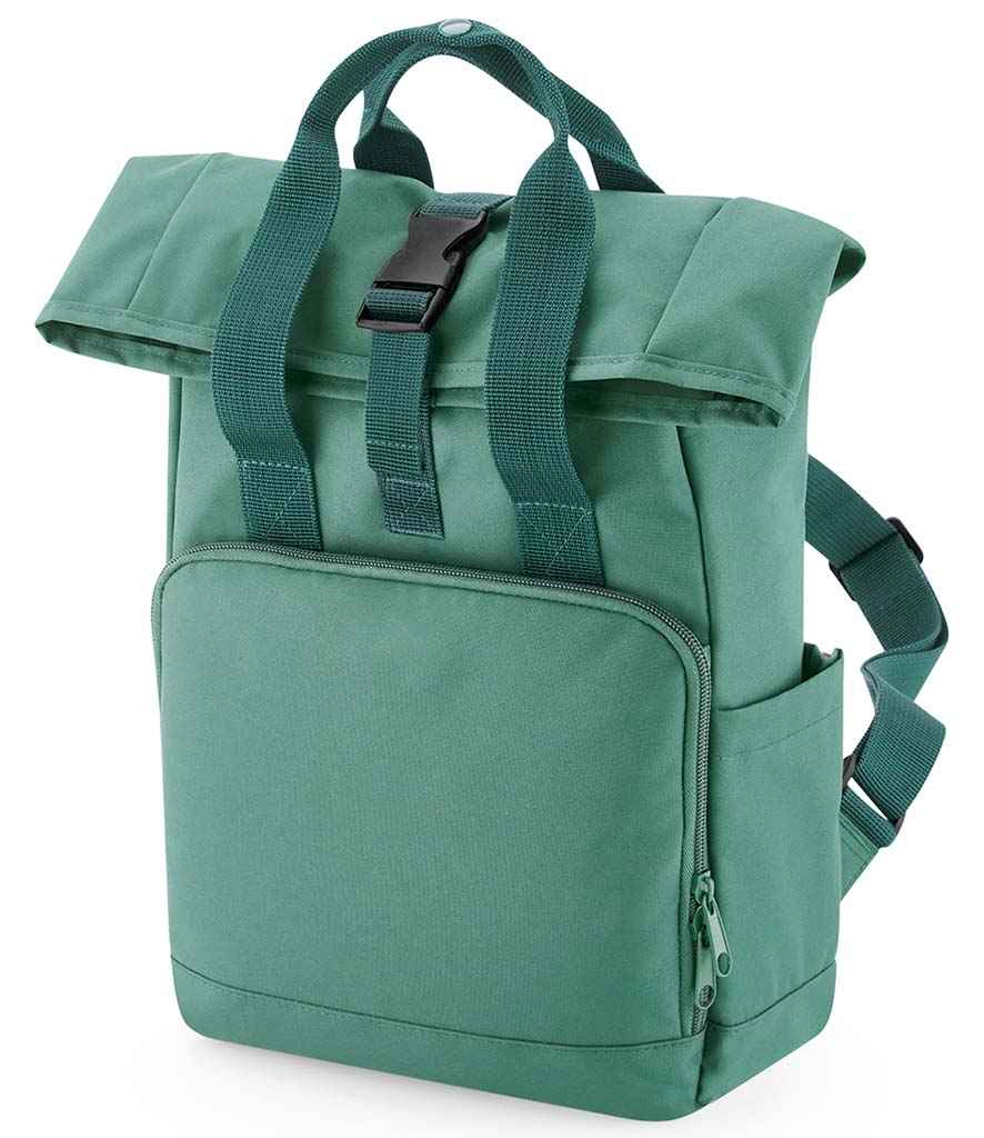 BagBase Recycled Mini Twin Handle Roll-Top Backpack in ONE Sage Green by Bagbase — Custom branded clothing by Print Press, featuring premium embroidery produced in our specialist print lab in the UK.