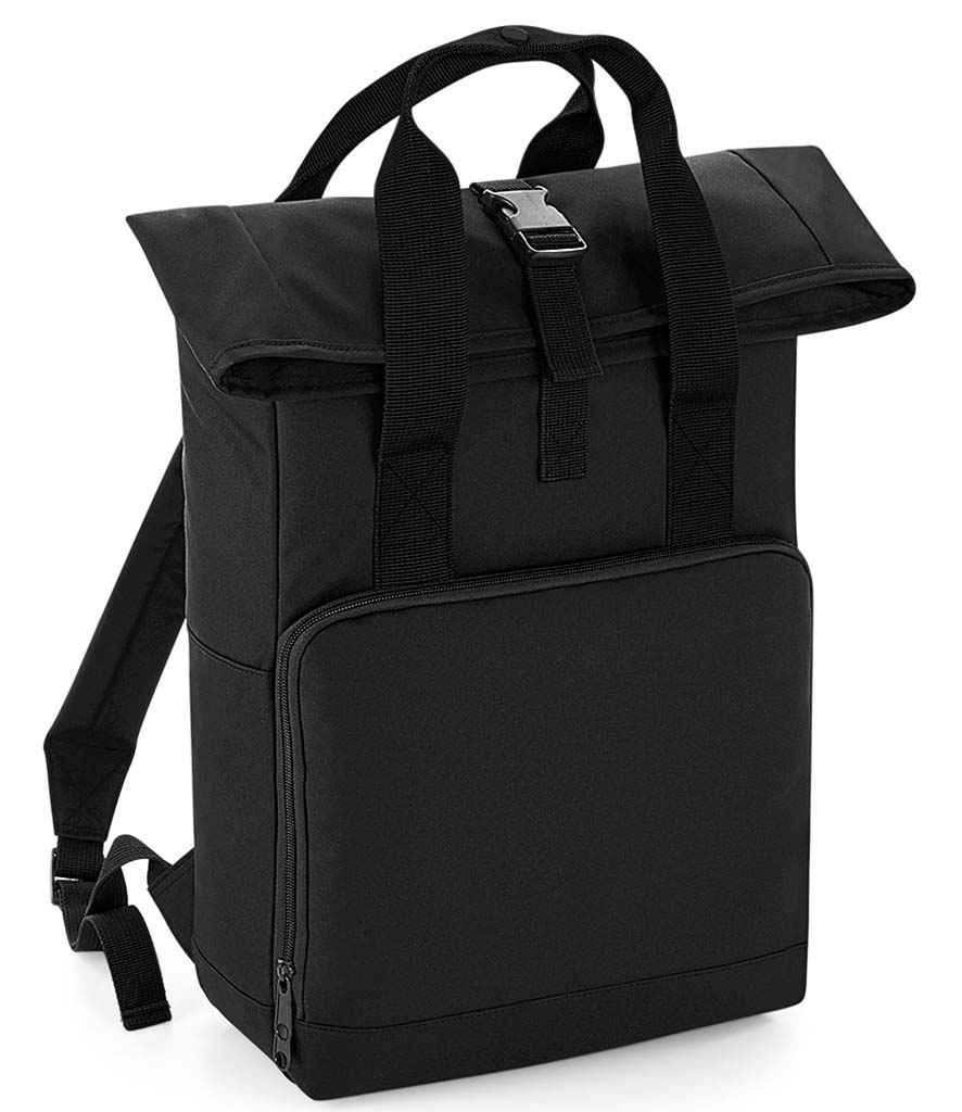 BagBase Twin Handle Roll-Top Backpack in ONE Black by Bagbase — Custom branded clothing by Print Press, featuring premium embroidery produced in our specialist print lab in the UK.