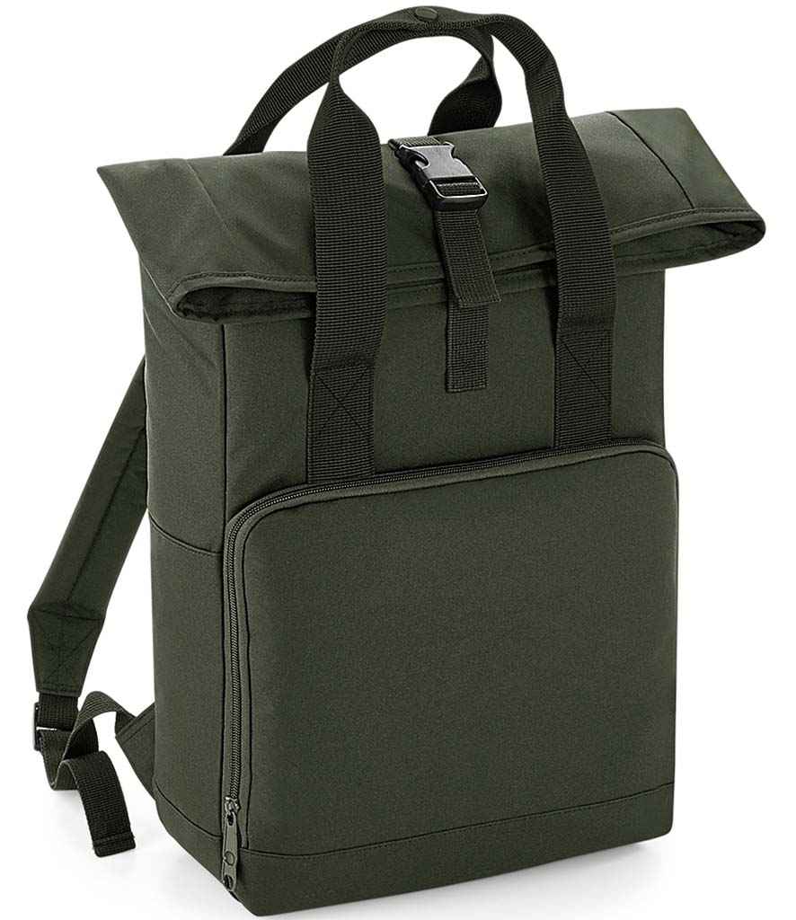 BagBase Twin Handle Roll-Top Backpack in ONE Olive Green by Bagbase — Custom branded clothing by Print Press, featuring premium embroidery produced in our specialist print lab in the UK.