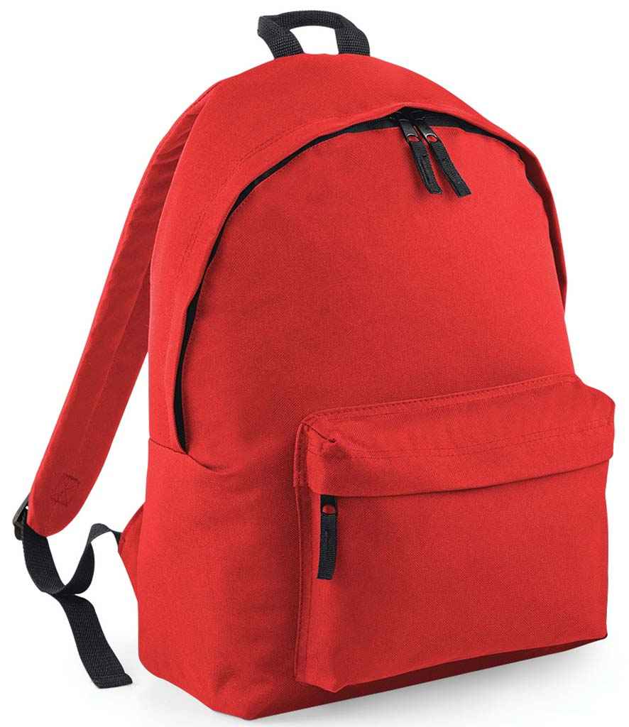 BagBase Kids Fashion Backpack in ONE Bright Red by Bagbase — Custom branded clothing by Print Press, featuring premium embroidery produced in our specialist print lab in the UK.