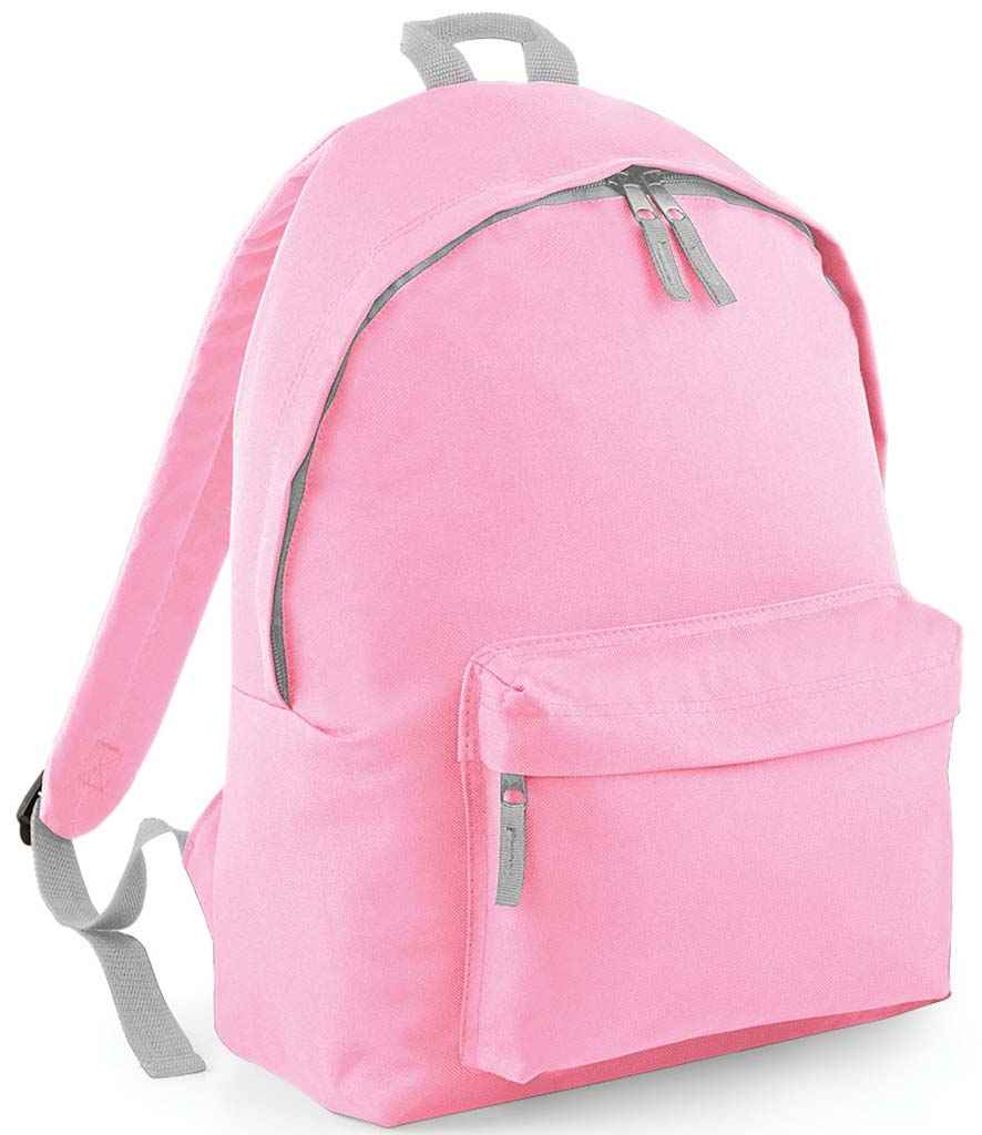 BagBase Kids Fashion Backpack in ONE Classic Pink Light Grey by Bagbase — Custom branded clothing by Print Press, featuring premium embroidery produced in our specialist print lab in the UK.