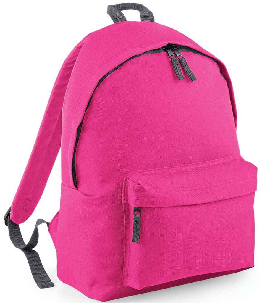 BagBase Kids Fashion Backpack in ONE Fuchsia Graphite Grey by Bagbase — Custom branded clothing by Print Press, featuring premium embroidery produced in our specialist print lab in the UK.