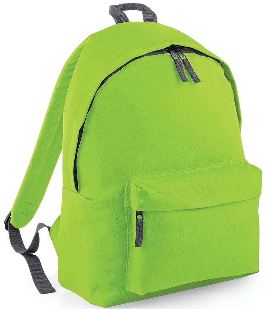 BagBase Kids Fashion Backpack in ONE Lime Green Graphite Grey by Bagbase — Custom branded clothing by Print Press, featuring premium embroidery produced in our specialist print lab in the UK.