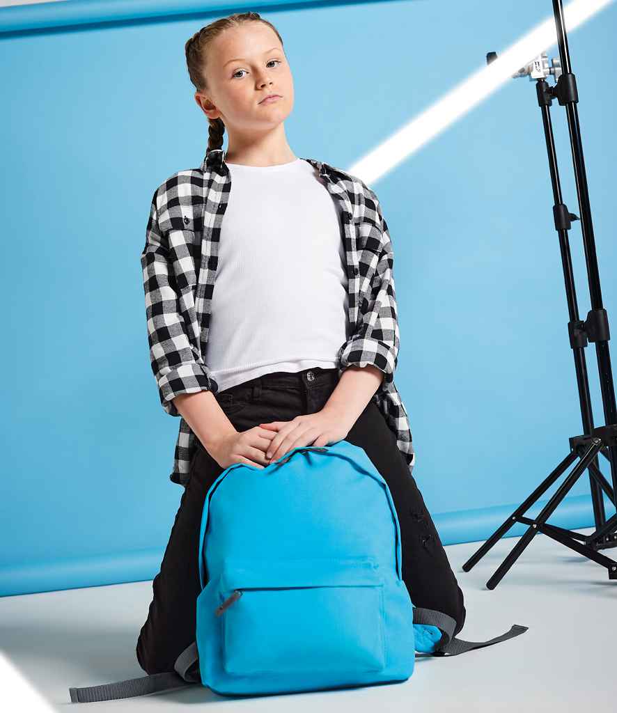 BagBase Kids Fashion Backpack in ONE Surf Blue Graphite Grey by Bagbase — Custom branded clothing by Print Press, featuring premium embroidery produced in our specialist print lab in the UK.