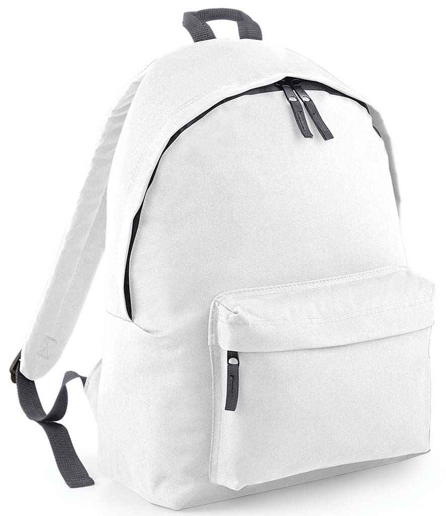 BagBase Kids Fashion Backpack in ONE White Graphite Grey by Bagbase — Custom branded clothing by Print Press, featuring premium embroidery produced in our specialist print lab in the UK.
