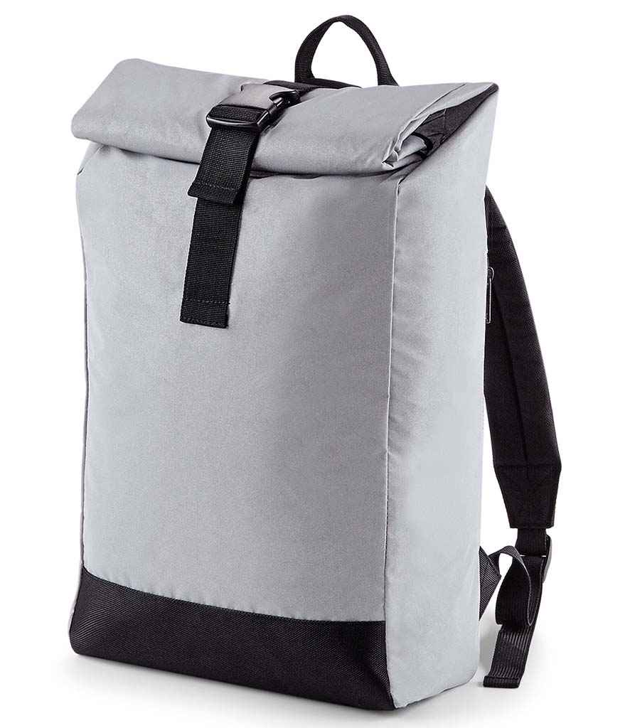 BagBase Reflective Roll-Top Backpack in ONE Silver Reflective by Bagbase — Custom branded clothing by Print Press, featuring premium embroidery produced in our specialist print lab in the UK.